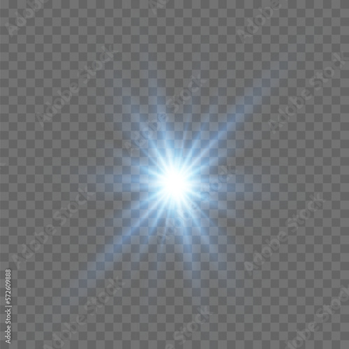 Blue sunlight lens flare, sun flash with rays and spotlight. Glowing burst explosion on a transparent background. Vector illustration.