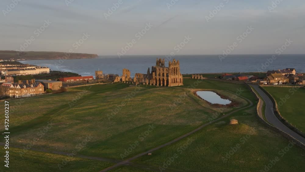 Whitby Abbey and Town, North Yorkshire. Early morning aerial drone flight - Prores 422 - February 2023 Whitby Abbey and Town, North Yorkshire. Early morning aerial drone flight - Prores 422 - February 2023