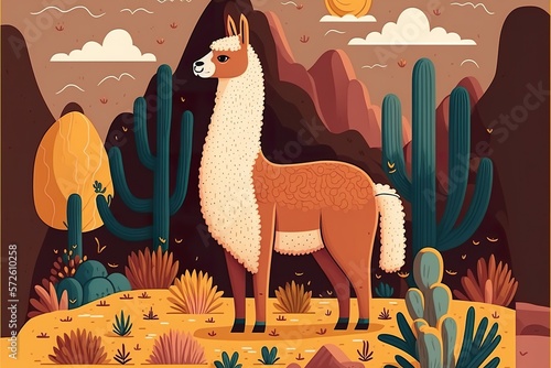 Cute lama flat illustration created with Generative AI 
