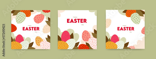 Easter egg greeting card collection. Vector modern flat illustration set. Square banner template. Bright colorful eggs. Design for happy easter day holiday, poster layout.