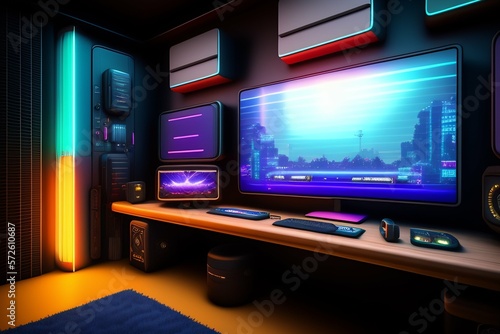 A futuristic gaming Hacker studio Wallpaper 8k Cyberpunk Real Technology 