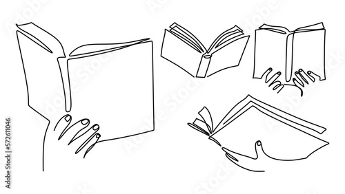 One continuous single line drawing of hand hold book isolated on white background minimalism design.