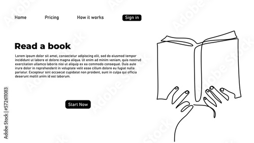 One continuous single line drawing of hand hold book landing book isolated on white background minimalism design.
