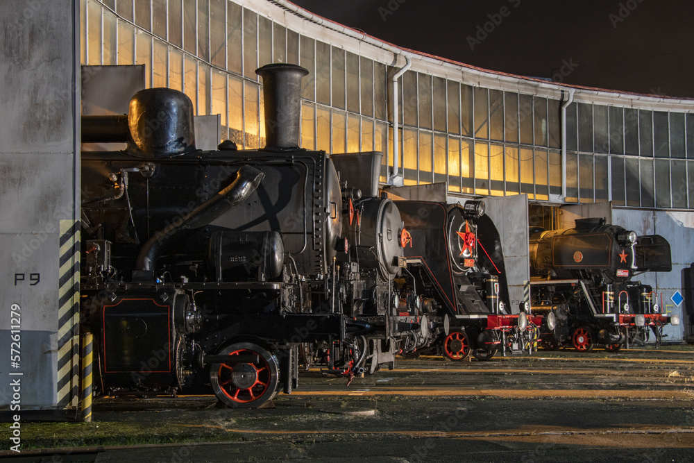 historical steam locomotives waiting at night for a new day historical steam locomotives waiting at night for a new day