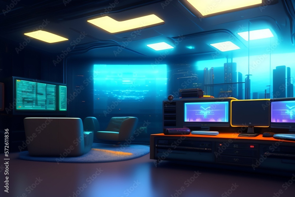 Fototapeta premium A futuristic gaming Hacker studio Wallpaper 8k Cyberpunk Real Technology 