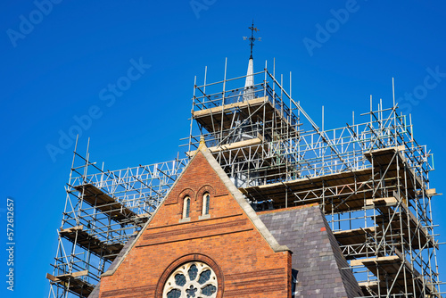 Photography church steeple with construction scaffolding