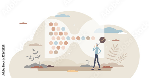 Bottleneck effect with limited flow through bottle neck tiny person concept, transparent background. Traffic jam abstract explanation or information filtration with funnel system illustration.