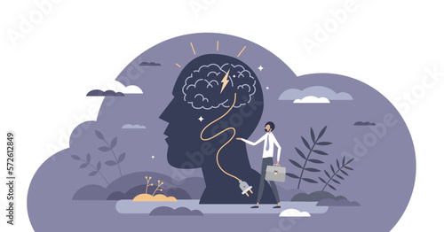 Brain recharge and fill up head energy to think creative tiny person concept, transparent background. Plug in cable into mind battery charging for business motivation.