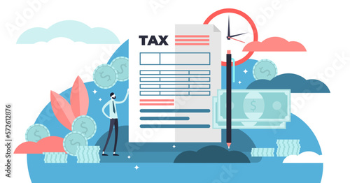 Taxes illustration, transparent background. Flat tiny persons concept with payment time delay. Finance service to pay for government needs. Deadline information bill and fine charge.