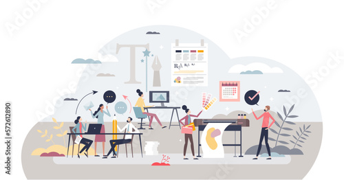 Advertising agency and company brand style development tiny person concept, transparent background. Business image creation with logo, banners, ads and commercial strategy planning illustration.