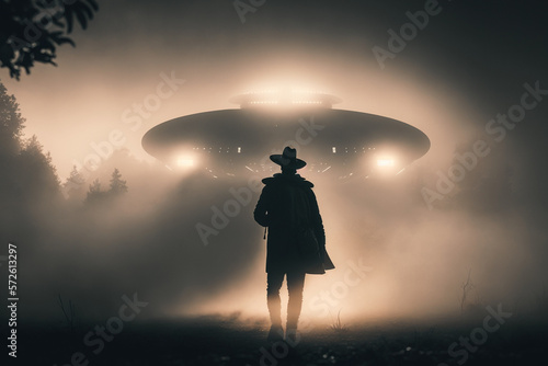 silhouette of a man against the background of a giant UFO, created by a neural network, Generative AI technology