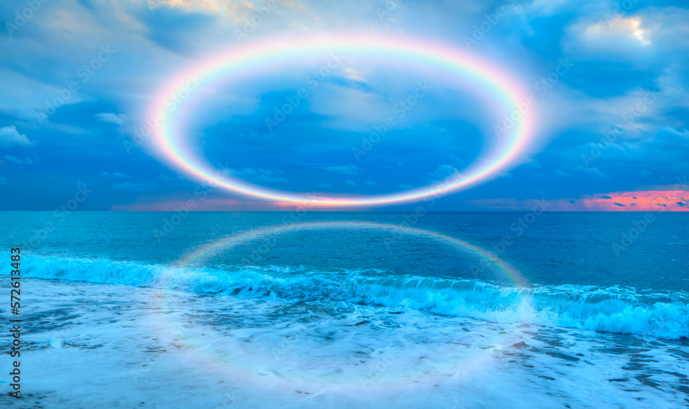 Beautiful calm sea landscape with amazing rounded rainbow in the white clouds