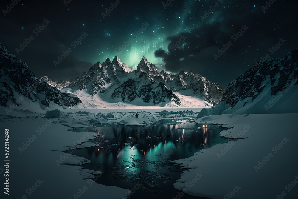 Photography of realistic snowy mountains at night with aurora vorealis. Ai generated art