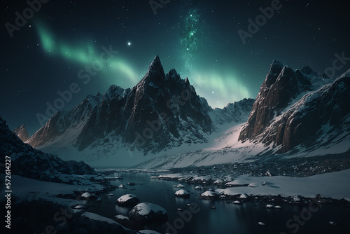 Photography of realistic snowy mountains at night with northern lights. Ai generated art © unai