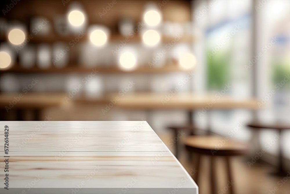 Light Wood Restaurant Table on Blurred Kitchen Background, Cafe Table Mockup, Generative AI Illustration Light Wood Restaurant Table on Blurred Kitchen Background, Cafe Table Mockup, Generative AI Illustration