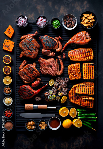 BBQ with the meats neatly arranged on the grill. Generative AI