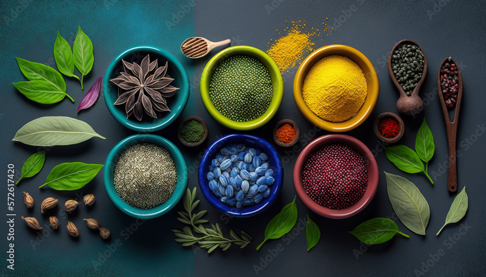 Table full of colorful spices and food