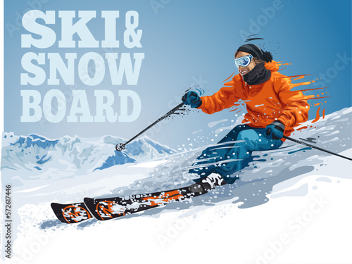 Vector illustration of skiing young pro guy in the mountains, and snowboarding. Skiing man in orange jacket. Extreme winter sport.