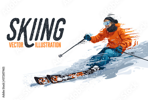 Young man riding on skis on white background, winter. Vector illustration in realistic style. Skiing man in orange jacket. Extreme winter sport.