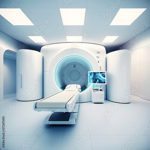 High technology medical imaging equipment in radiology department in a hospital room. Created with generative AI technology.