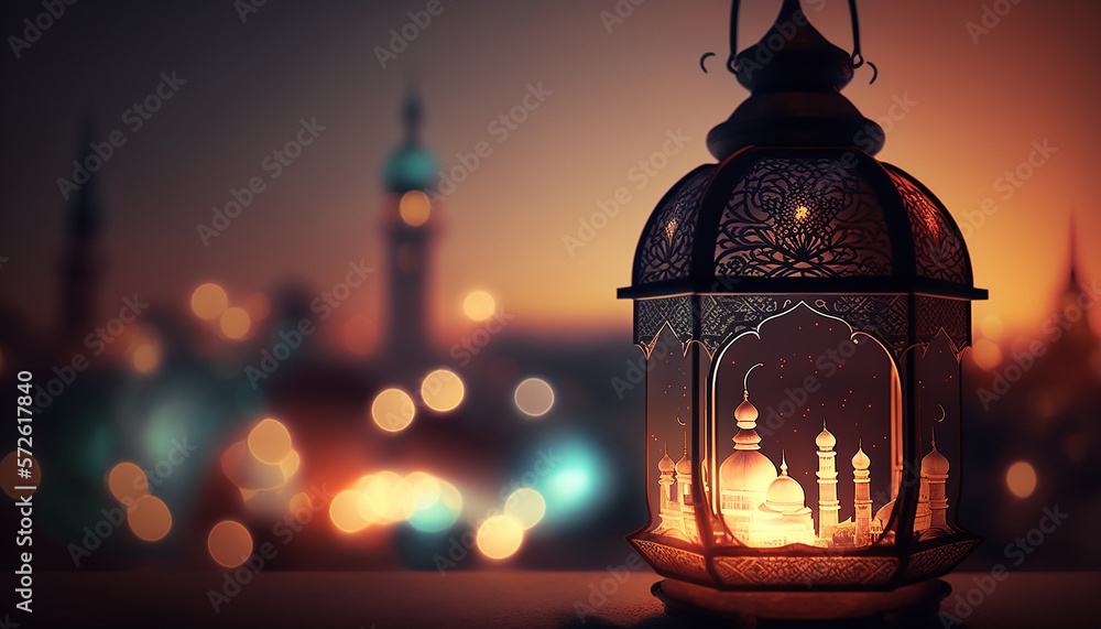 Ramadan with lantern and mosque in background, Generative ai