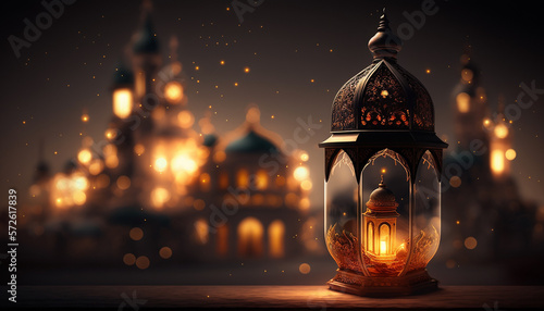 Ramadan with lantern and mosque in background, Generative ai