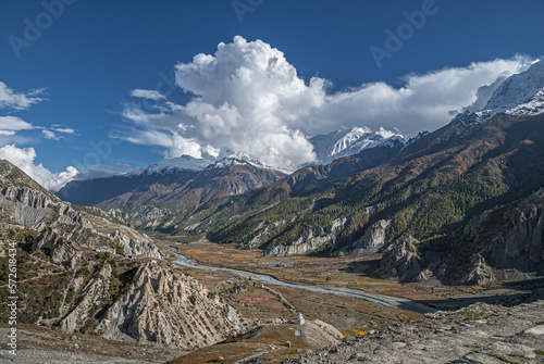 View of Manang valley with Marshayangdi river from north of Manang village, Around Annapurn trek, Nepal Himalayas, Nepal