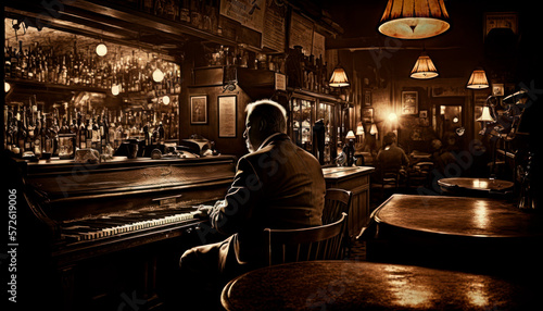 man playing piano in jazz club bar with people listening, live music, music culture concept, generative ai