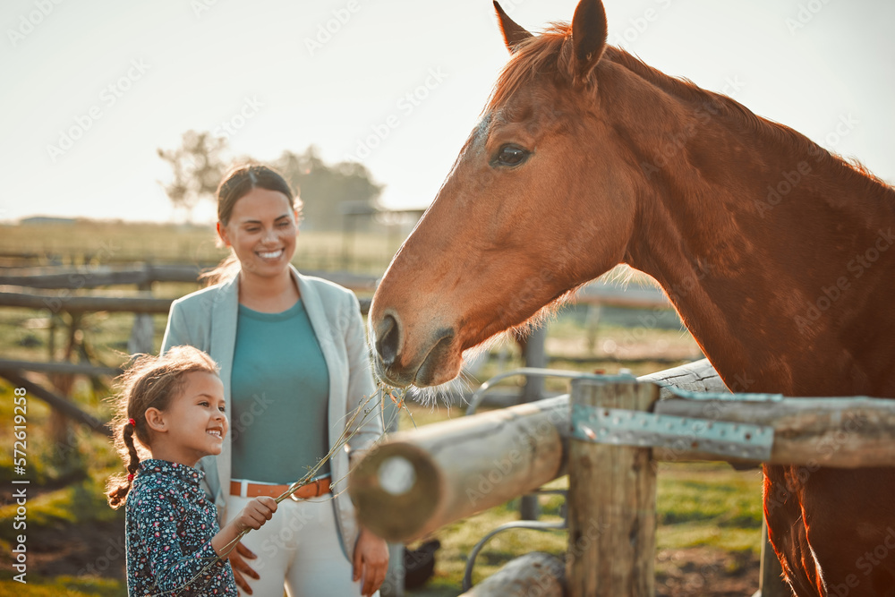 Horse feeding, girl and mother on farm with animal and smile in the