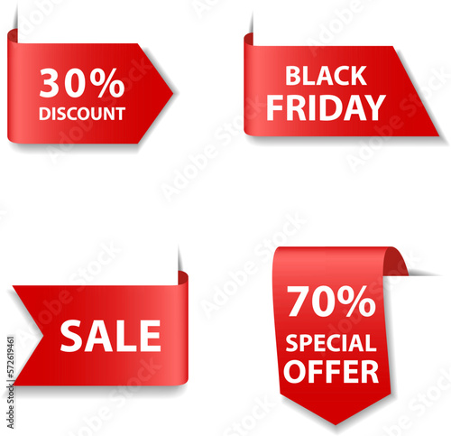 Set of red 3d banners, ribbons, web tags isolated on white background. Templates for discounts, sales, promotion, black friday.