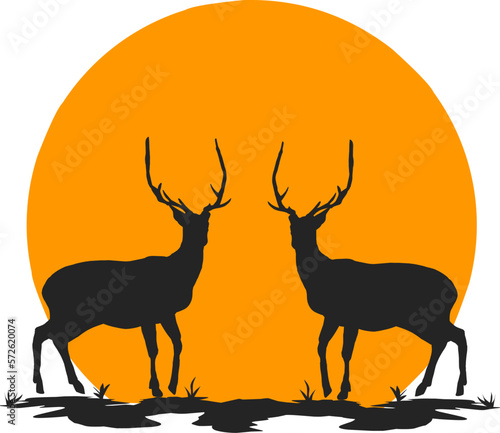 Two of deers and sunset. Vector illustration in white background 