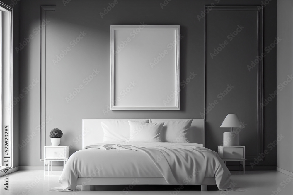 Modern bedroom interior with empty canvas or wall decor with frame in center for product presentation background or wall decor promotion, mock up, black and white Modern bedroom interior with empty canvas or wall decor with frame in center for product presentation background or wall decor promotion, mock up, black and white
