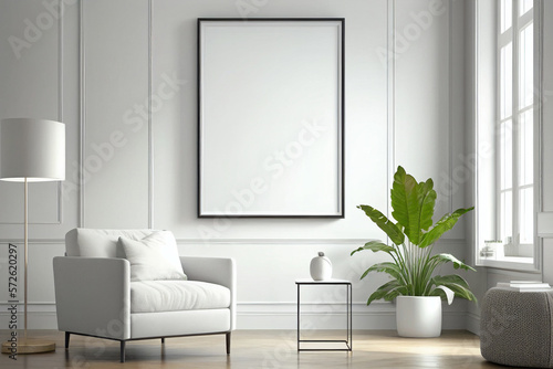 Modern living room with counter  with empty canvas or wall decor with frame in center for product presentation background or wall decor promotion  mock up