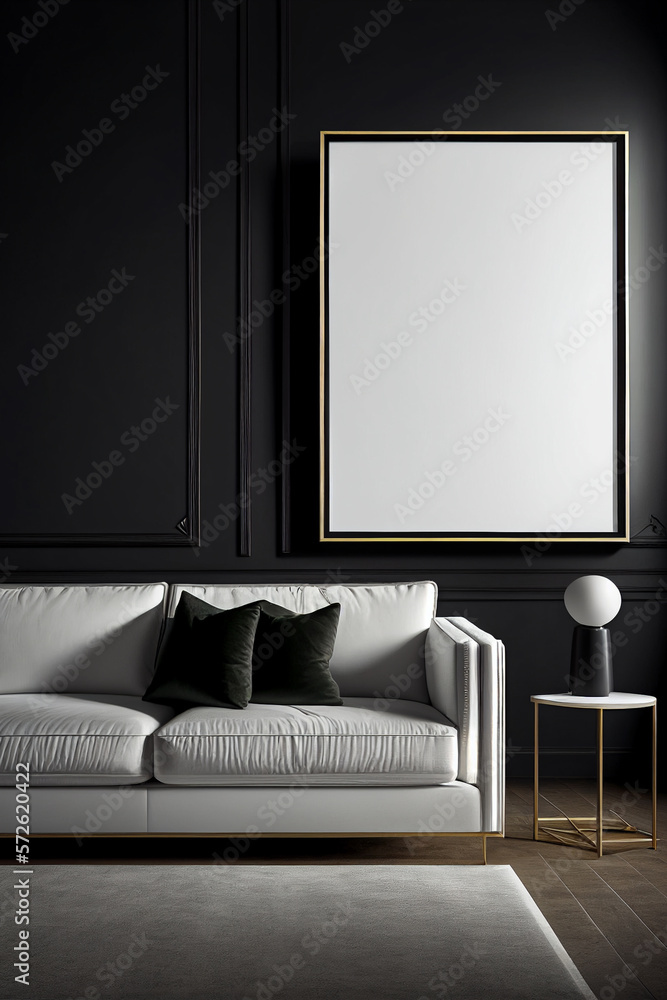 Fototapeta premium Modern living room interior with empty canvas or wall decor with frame in center for product presentation background or wall decor promotion, mock up