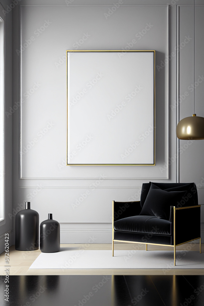 Modern living room with counter, with empty canvas or wall decor with frame in center for product presentation background or wall decor promotion, mock up