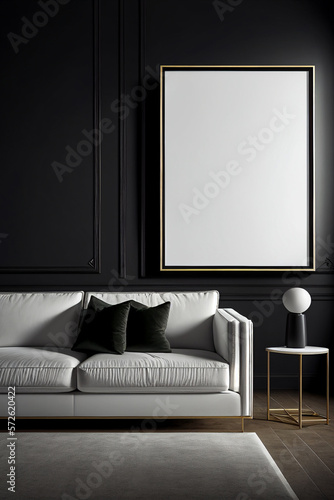 Modern living room interior with empty canvas or wall decor with frame in center for product presentation background or wall decor promotion, mock up