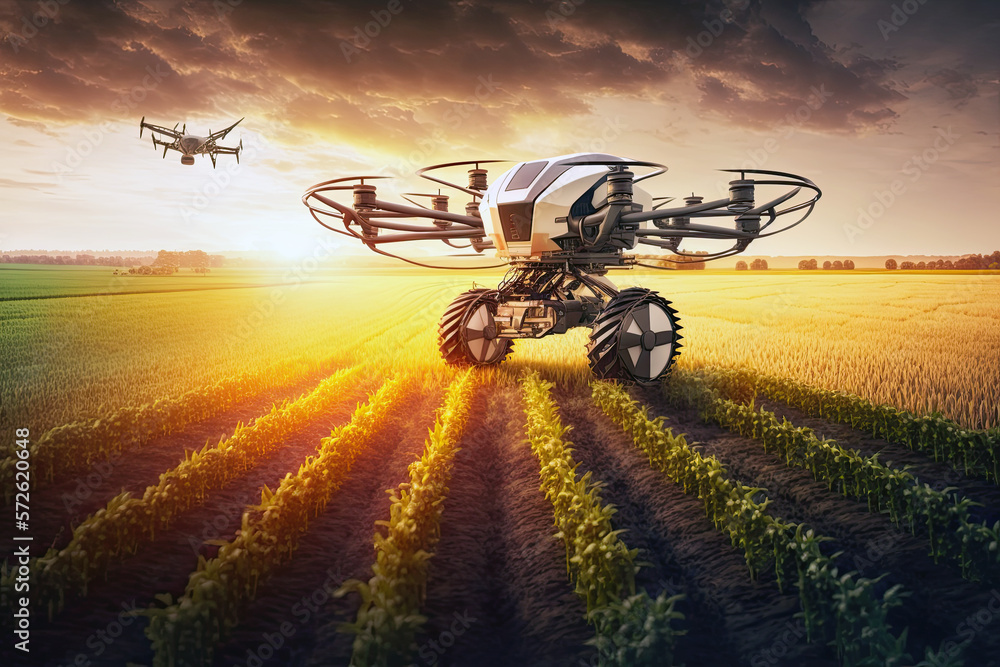 Generative Illustration AI of a solar-powered drone performing control flight over a farm of the future in a field of vegetables and cereals