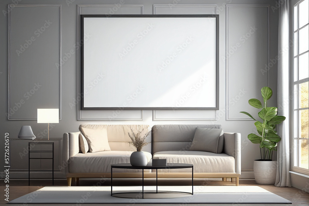 Modern living room interior with empty canvas or wall decor with frame in center for product presentation background or wall decor promotion, mock up Modern living room interior with empty canvas or wall decor with frame in center for product presentation background or wall decor promotion, mock up