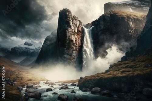 Magnificent waterfall, cascading down a rocky cliff and sending a cloud of mist into the air. Generative AI