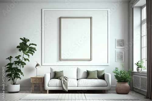 Modern living room interior with empty canvas or wall decor with frame in center for product presentation background or wall decor promotion  mock up