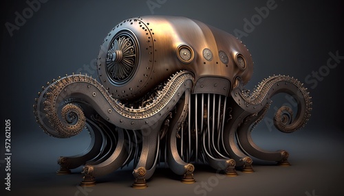 Blend between octopus and pipe organ  steampunk object or creature  bronze and blackened silver finish. AI generative.