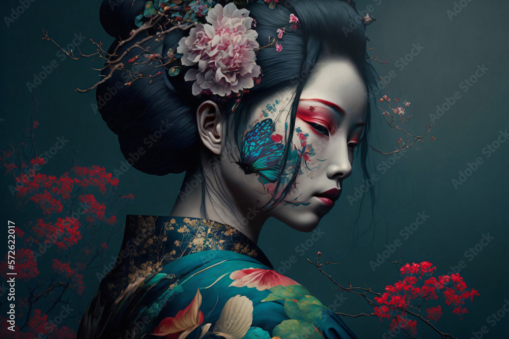 Poster, Foto geisha with sakura flowers, portrait of a japanese woman,  fictional person creat - Koop op EuroPosters.nl