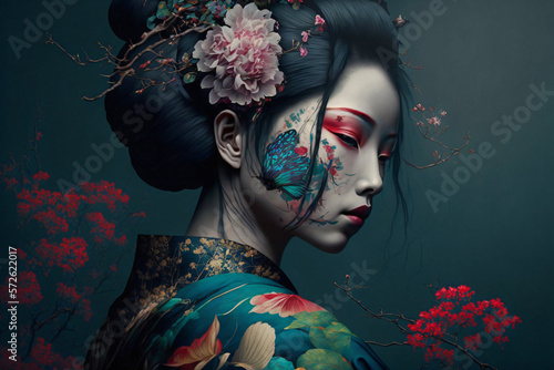 Fototapeta geisha with sakura flowers, portrait of a japanese woman, fictional person creat
