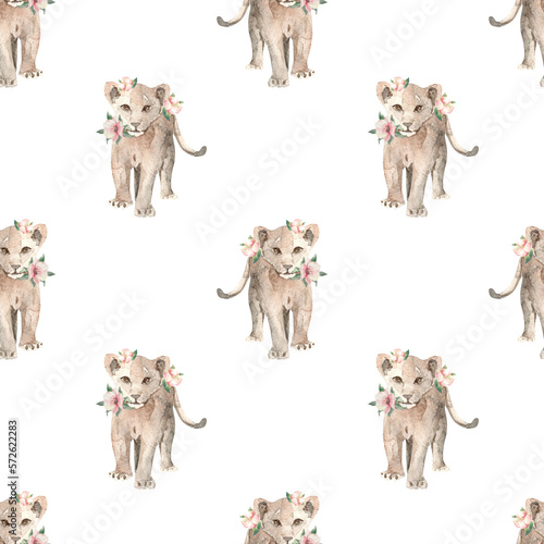Seamless pattern with lion and flowers for kids textile bed sheets wallpaper notebook clothes things isolated on white background