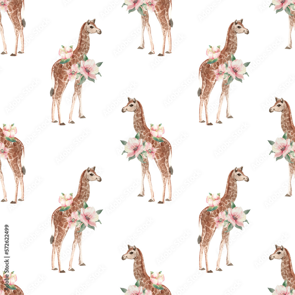 Naklejka premium seamless pattern with watercolor giraffe and flowers cute illustration for kids wallpaper notebook clothes textile paper dress bed sheets