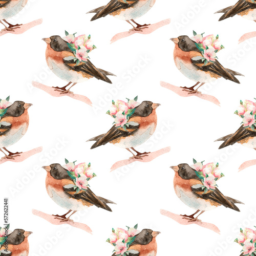 Seamless pattern with red birds and flowers for kids textile bed sheets wallpaper notebook clothes things isolated on white background © Yanna Verver