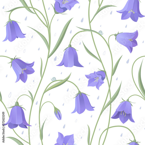 Delicate floral seamless pattern with bellflower plants, snails and raindrops