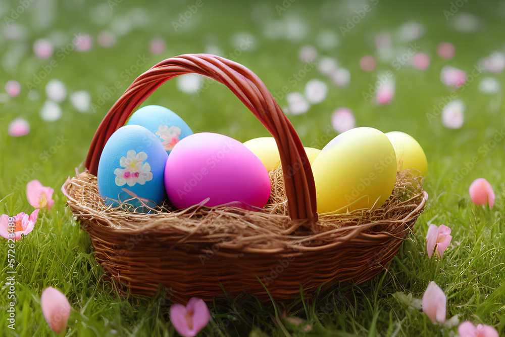 decorated easter eggs in a basket on grass with flowers decorated easter eggs in a basket on grass with flowers