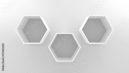 Empty hexagon shelves on white wall 3D mockup. Shop, gallery plastic or wooden showcase to present product. Blank retail storage space. Interior design furniture. Living room bookshelf