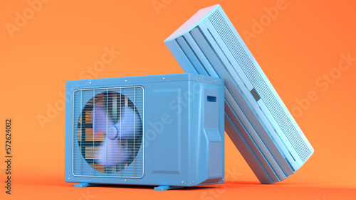 Colorful Air conditioner illustration. Happy Warm red and cold blue colors. 3D render. Indoor and outdoor unit. Isolated on color.
